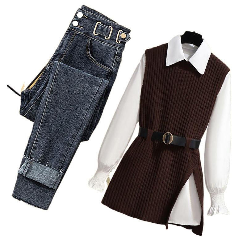 Women's Knitted Vest Shirt Jeans Three-piece Set