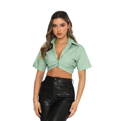 Summer Short-sleeved Polyester Cotton Solid Color Cute Single-breasted Lapel Shirt For Women