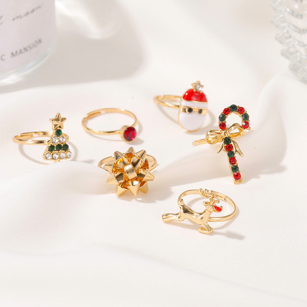 6pcs Santa Claus Christmas Tree Elk Rings Cute Cartoon Christmas Open Adjustable Ring Oil Drop Jewelry